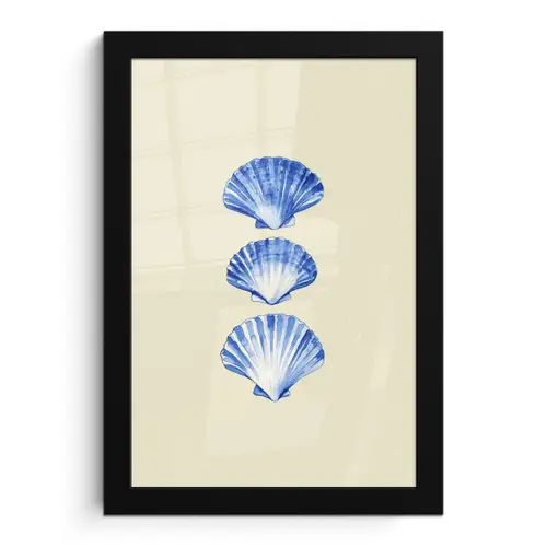 Schelpen - Blauw - Beige fotolijst zwart zonder passe partout klein -3d