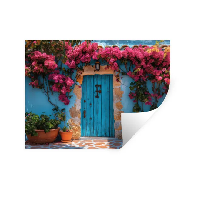 Wall Sticker - Door - Wood - Flowers - Blue