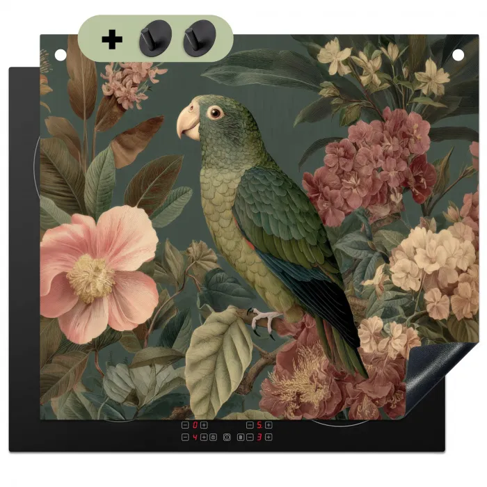 Groene papegaai - Kleurrijke bloemen - Donkere achtergrond Inductie beschemer met haakjes middel -3d