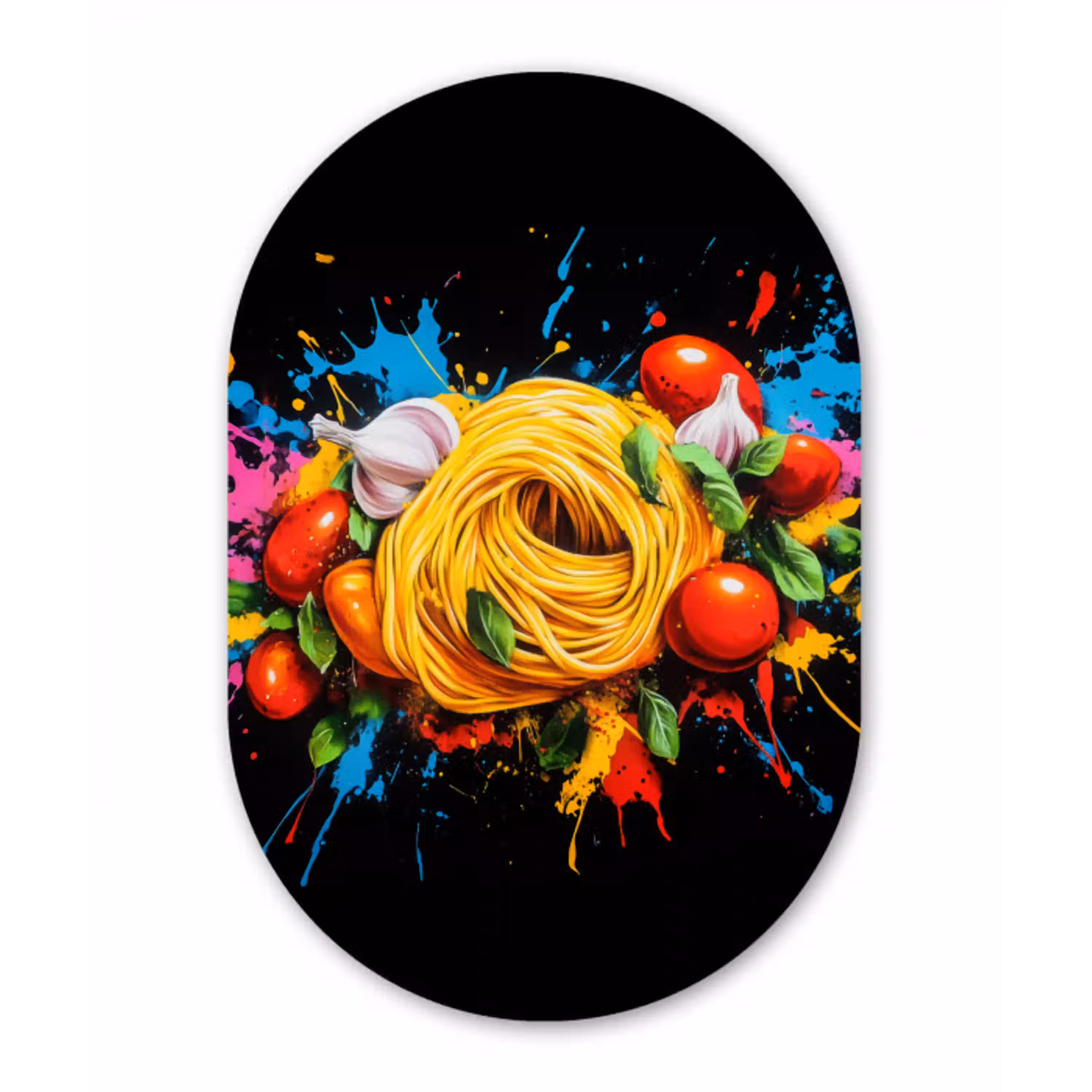 Spaghetti - Graffiti - Verf - Kleurrijk - Eten - Modern Wandcirkel Ovaal Glas middel -3d