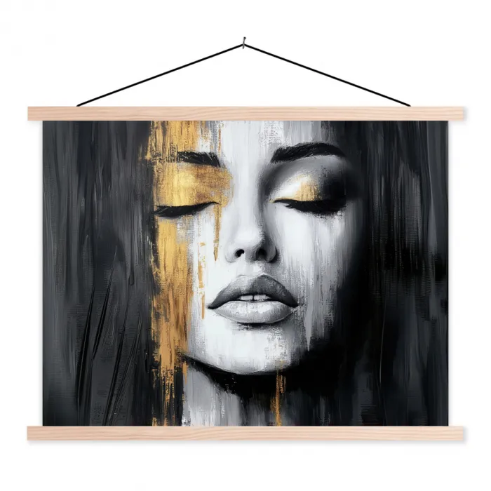 Gezicht - Vrouw - Penseelstreken - Abstract textielposter latten blank klein -3d