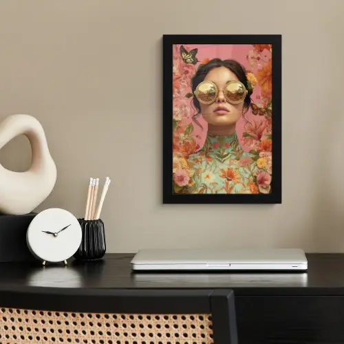 Vrouw - Bril - Roze - Bloemen fotolijst zwart zonder passe partout klein -sfeer1