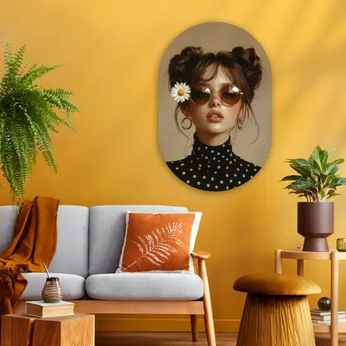 Vrouw - Beige - Bloem - Modern - Portret Wandcirkel Ovaal Glas middel -sfeer4