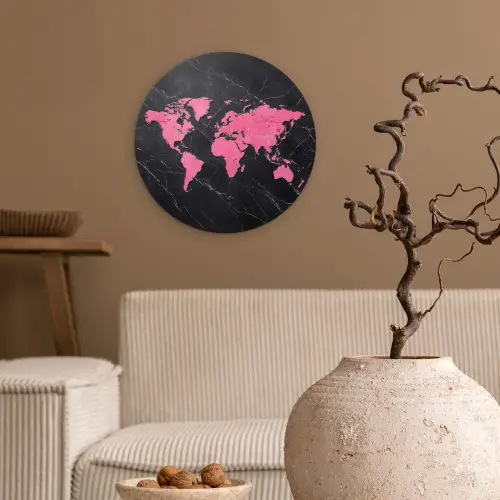 Wereldkaart - Roze - Marmer Wandcirkel kunststof plaat 5mm dik klein -sfeer1
