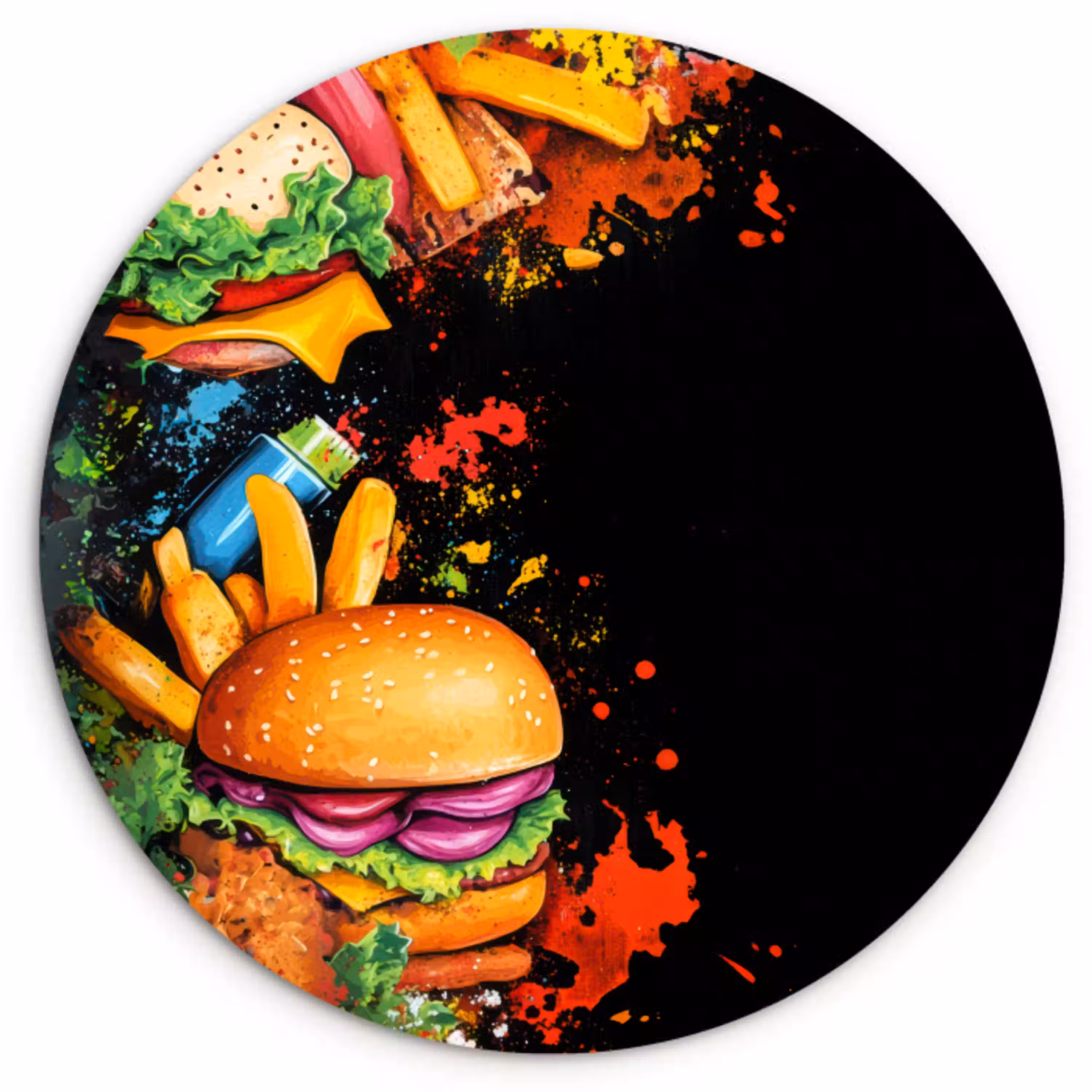 Fastfood - Graffiti - Hamburger - Eten - Modern Wandcirkel plexiglas klein -3d