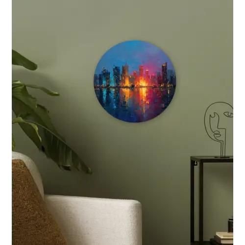 Skyline - Penseelstreken - Donkerblauw - Lichtgevend Wandcirkel kunststof plaat 5mm dik klein -sfeer3