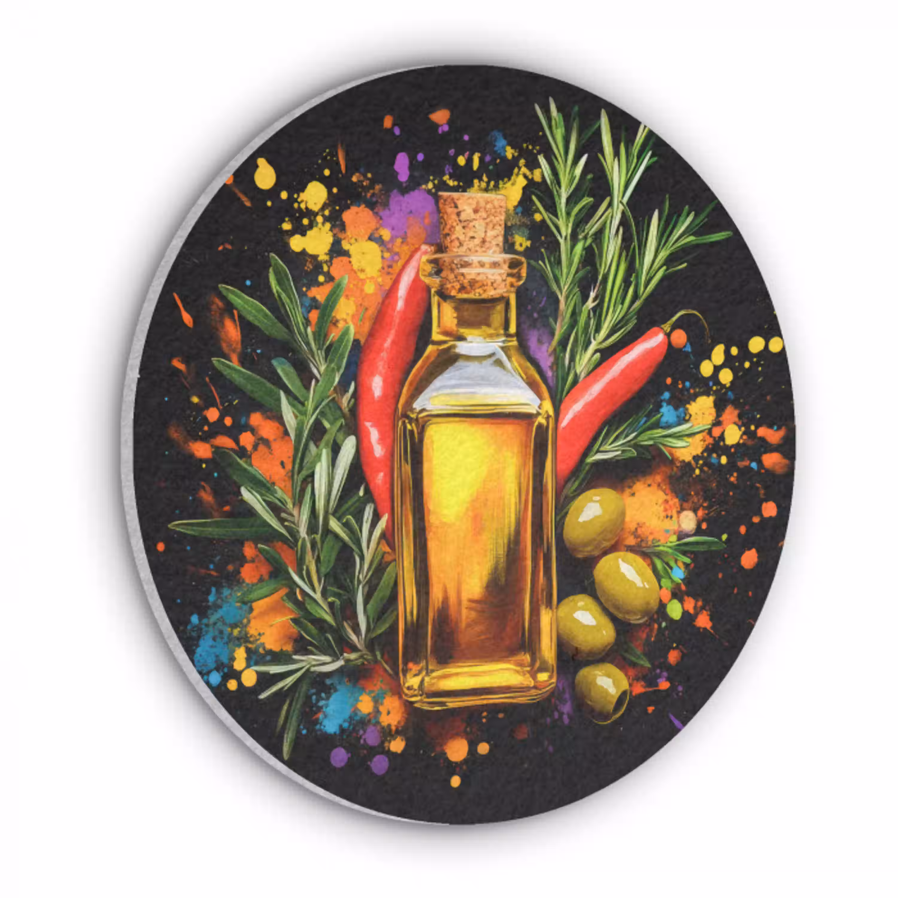 Olijfolie - Graffiti - Peper - Olijven - Modern Akoestische PET Vilt - Rond klein -3d
