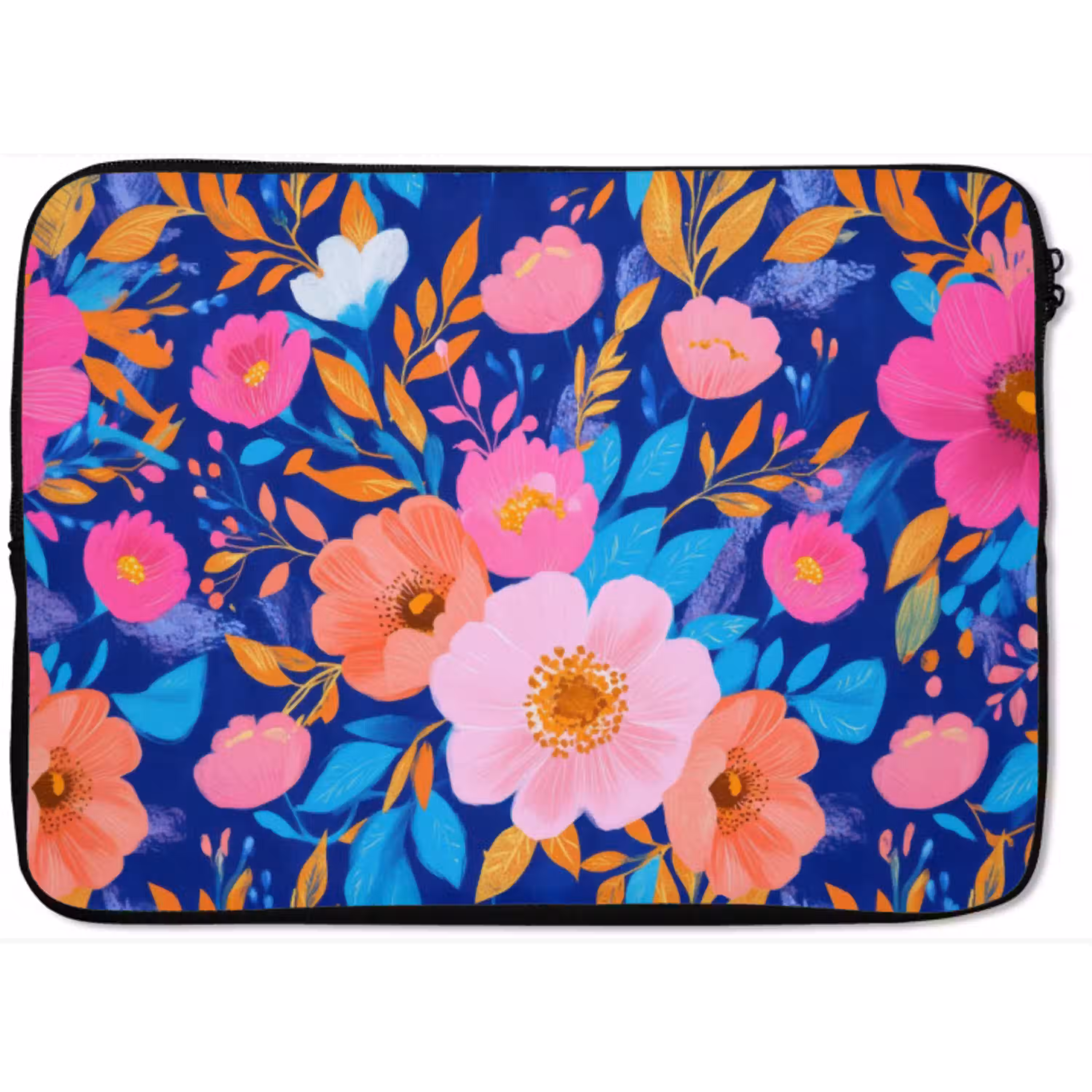 Bloemen - Blauw - Roze laptophoes neopreen klein -zkaufland3dotto
