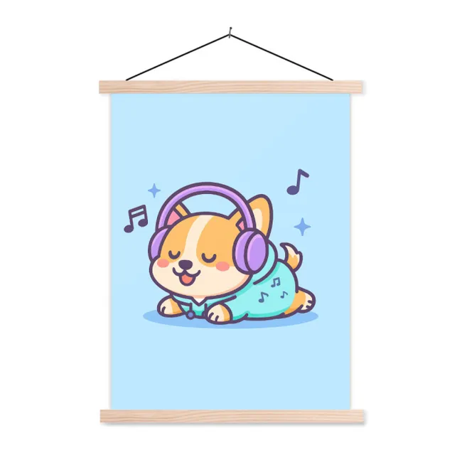 Hanging Poster - Corgi - Headphones - Blue - Musical notes