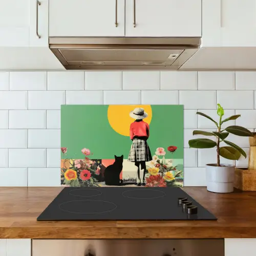 Retro - Meisje - Kat - Zon keuken achterwand spatscherm klein -sfeer2