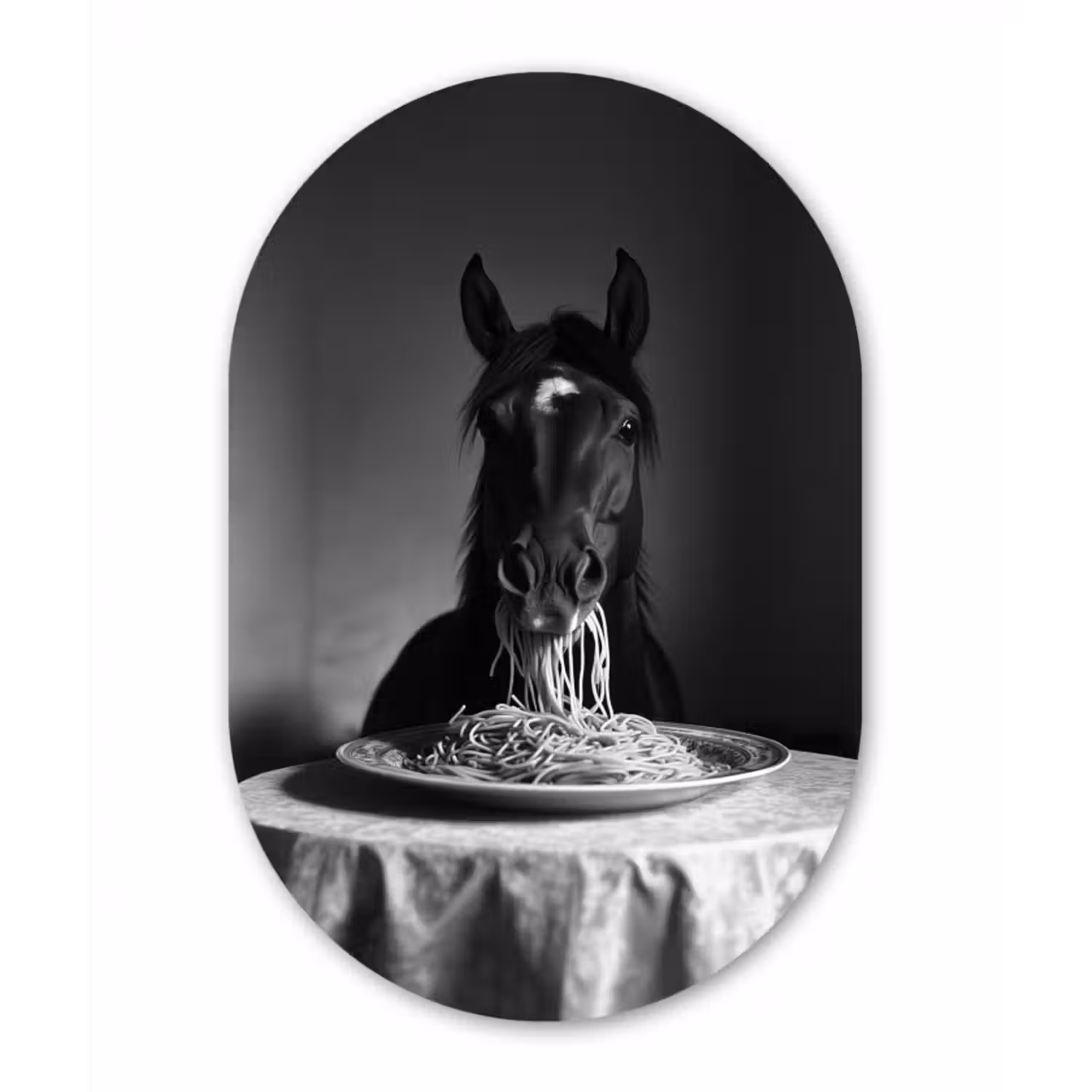 Alu-Dibond-Bild Oval - Pferd - Teller - Pasta - Tischtuch - Schwarz und weiß - Tiere