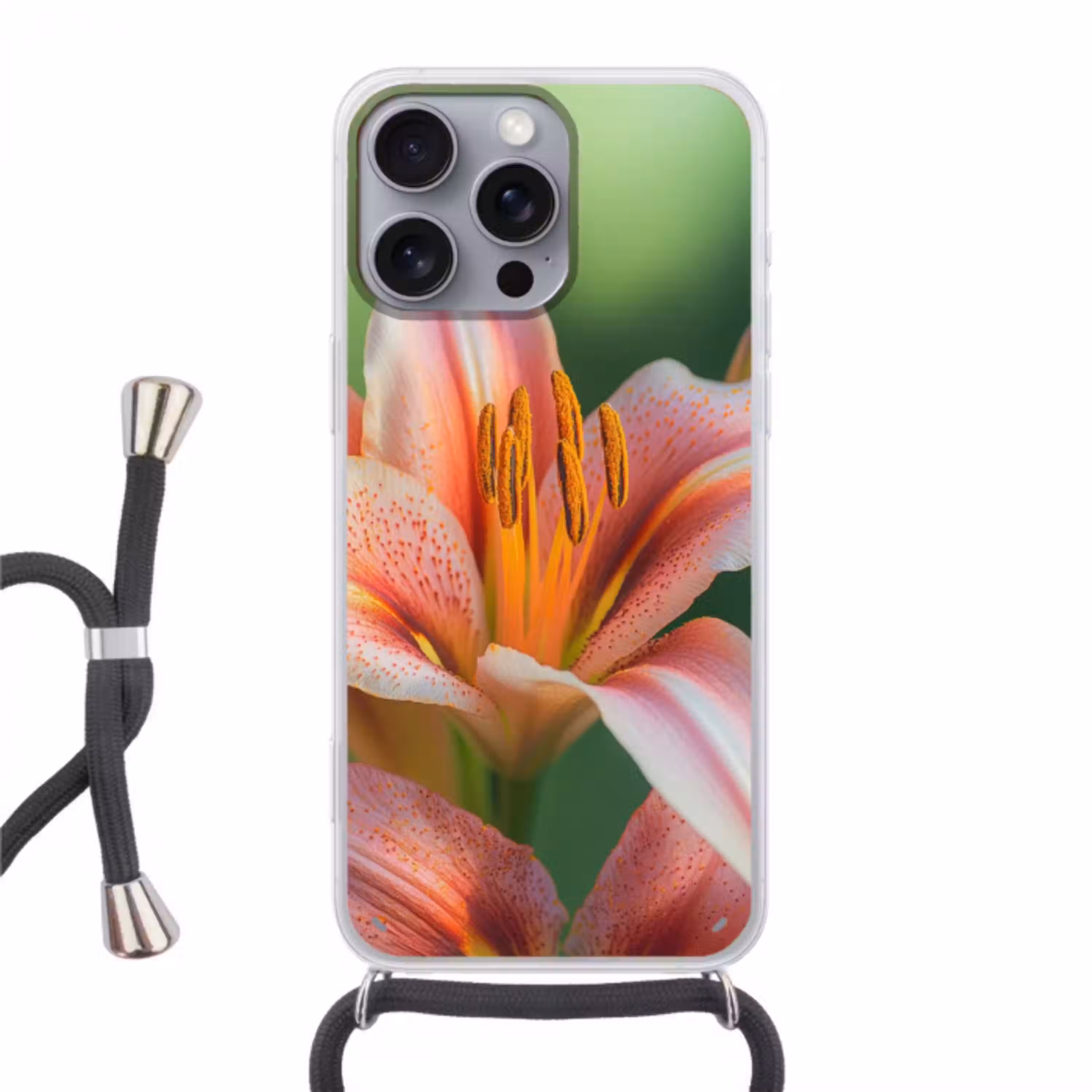 Lelie - Close up - Lichtroze Hoesje iPhone 16 Pro Max met koord klein -3d