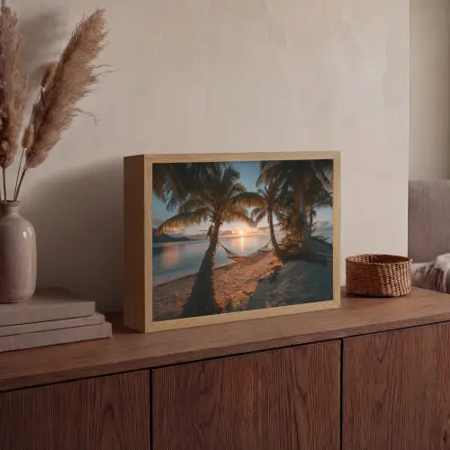 Palmbomen - Hangmat - Strand - Zonsondergang Light Box met batterij (Wandlamp) middel -sfeer2