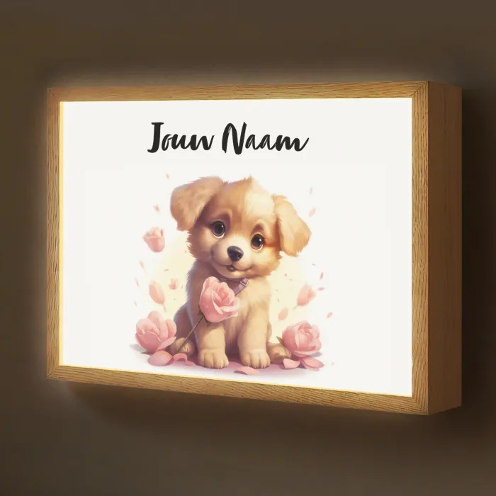 Hond - Bloemen - Roze - Meisjes - Kind Light Box met batterij (Wandlamp kind) middel -z3d_website