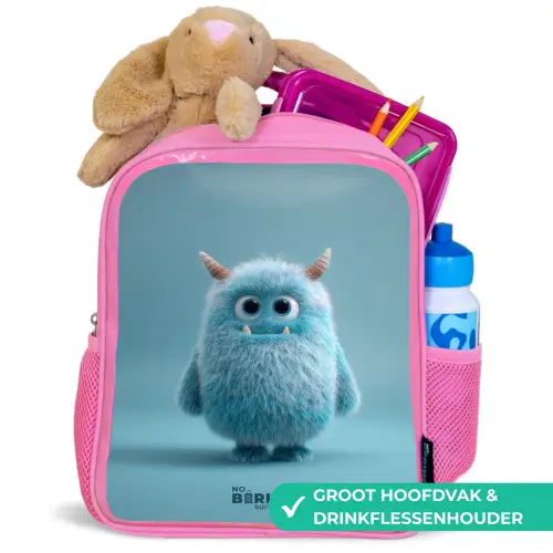 Blauw pluizig monster met hoorns Kinderrugzak - Roze middel -inhoud_NL