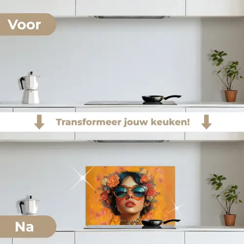 Vrouw - Bloemen - Aesthetic - Oranje keuken achterwand spatscherm klein -voor_na_NL