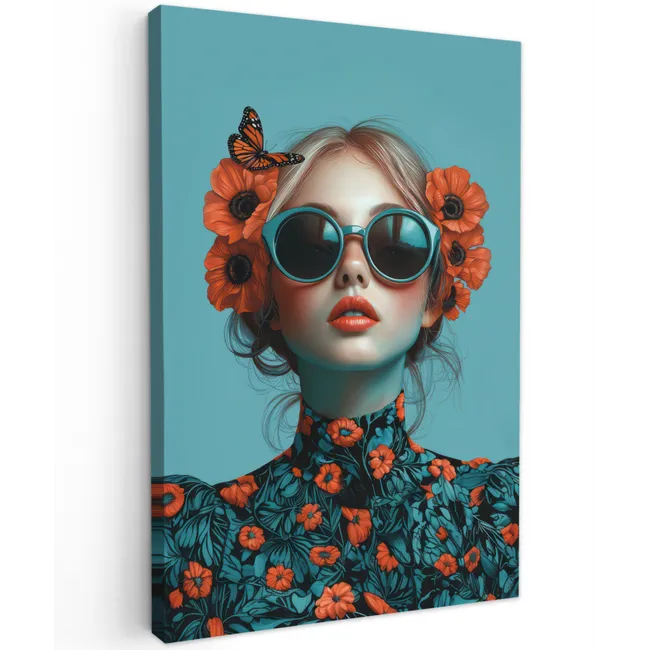 Vrouw - Blauw - Vlinder - Bloemen - Aesthetic Tuinposter op houten frame 2 cm dik klein -3d