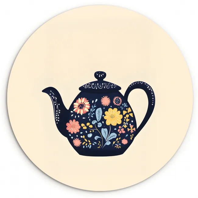 Theepot - Kleurrijk - Bloemen Wandcirkel plexiglas klein -3d