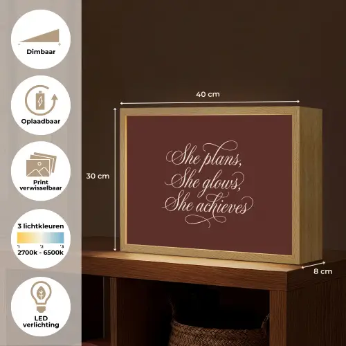 She plans she glows she achieves - Rood - Cursief Light Box met batterij (Wandlamp) middel -USP_websiteoverzichtNL