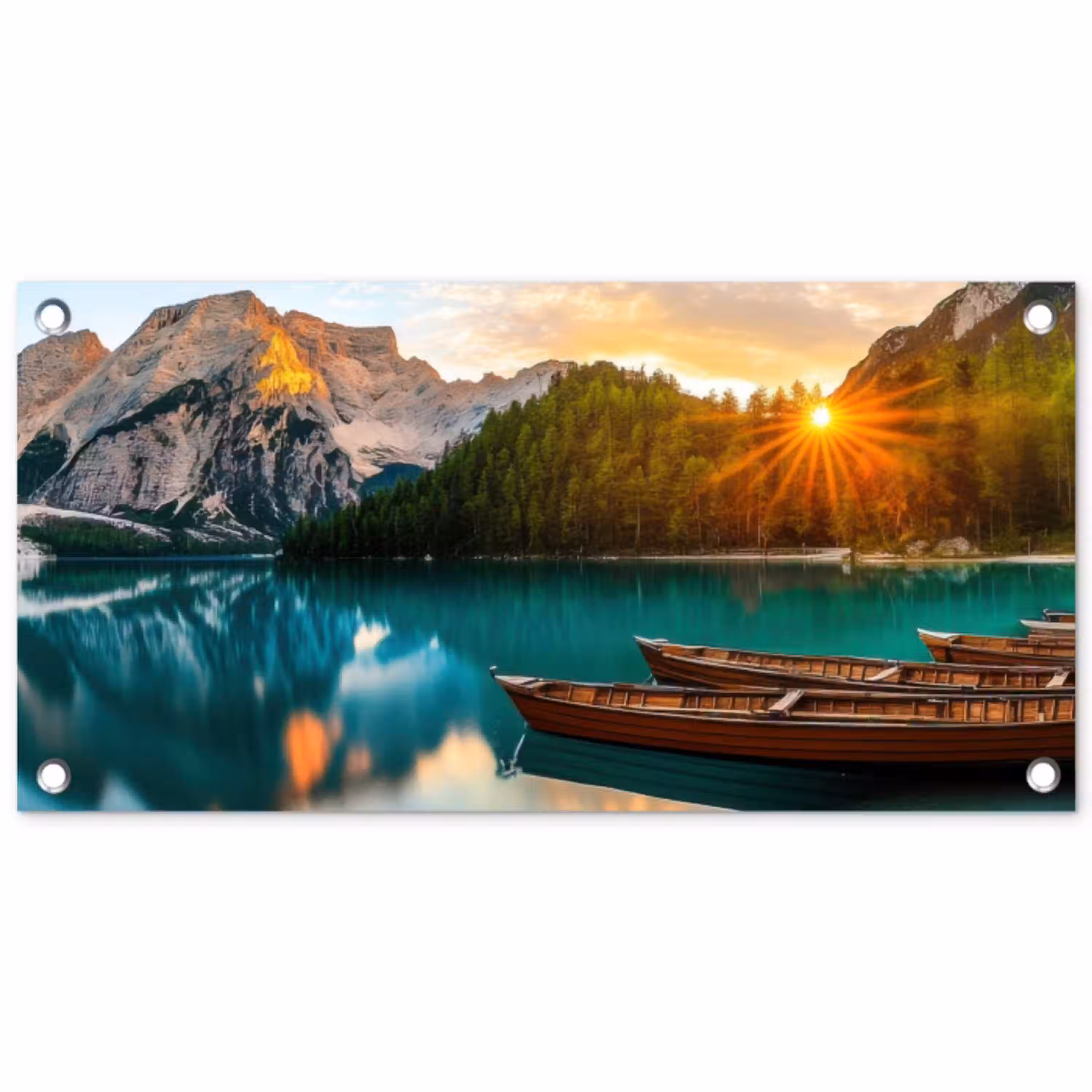 Meer - Bergen - Zonsondergang - Boot tuinposter los doek klein -3d