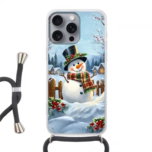 Sneeuwpop - Winterdorp - Kleurrijk Hoesje iPhone 16 Pro Max met koord klein -3d