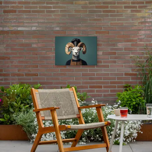 Geit - Hoorns - Kokskleding Tuinposter op houten frame 2 cm dik klein -sfeer3