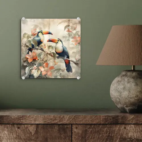 Toekan - Vogels - Bloemen - Tak plexiglas 5mm klein -sfeer3