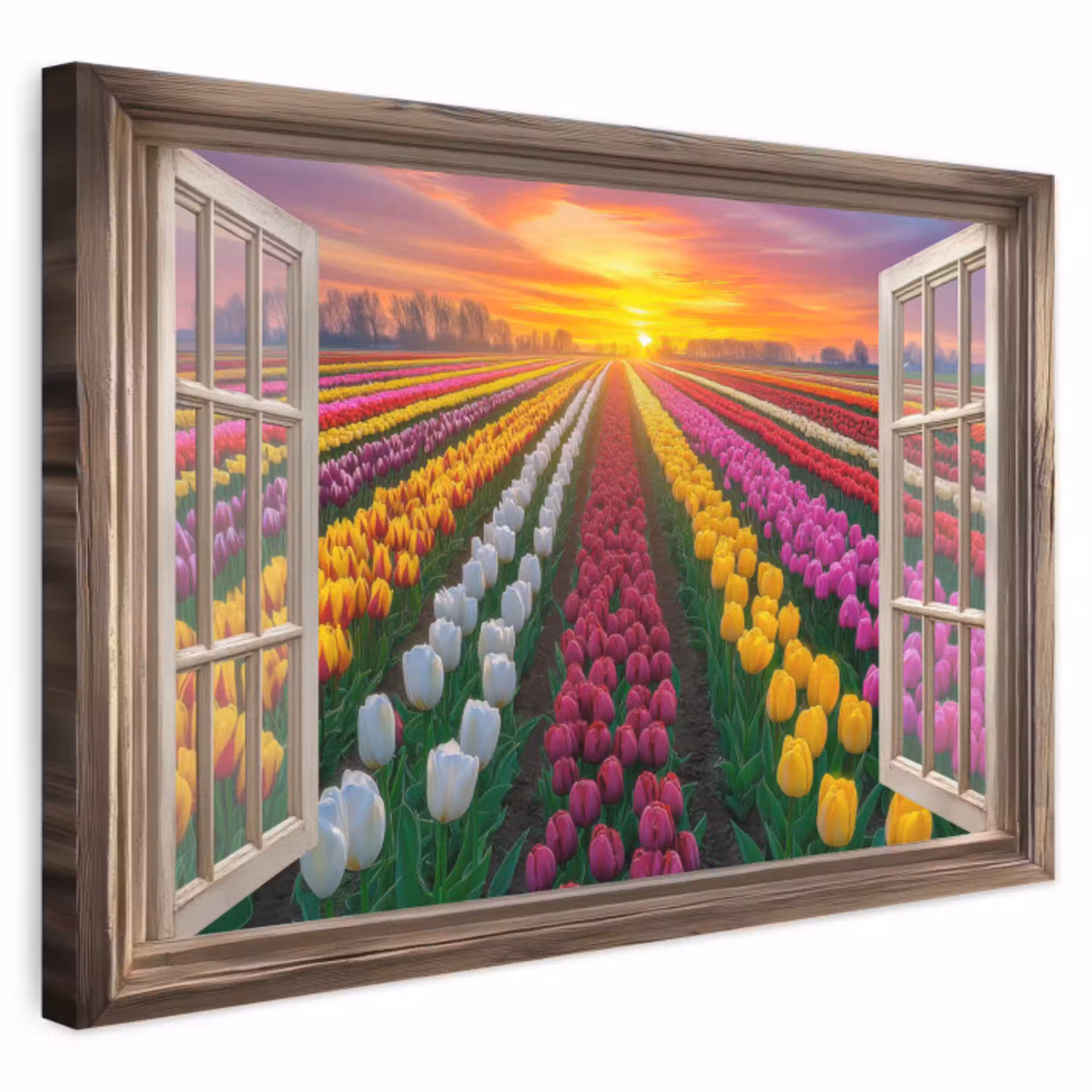Doorkijk - Bloemen - Tulpen - Kleurrijk - Zonsondergang canvas 2cm klein -3d