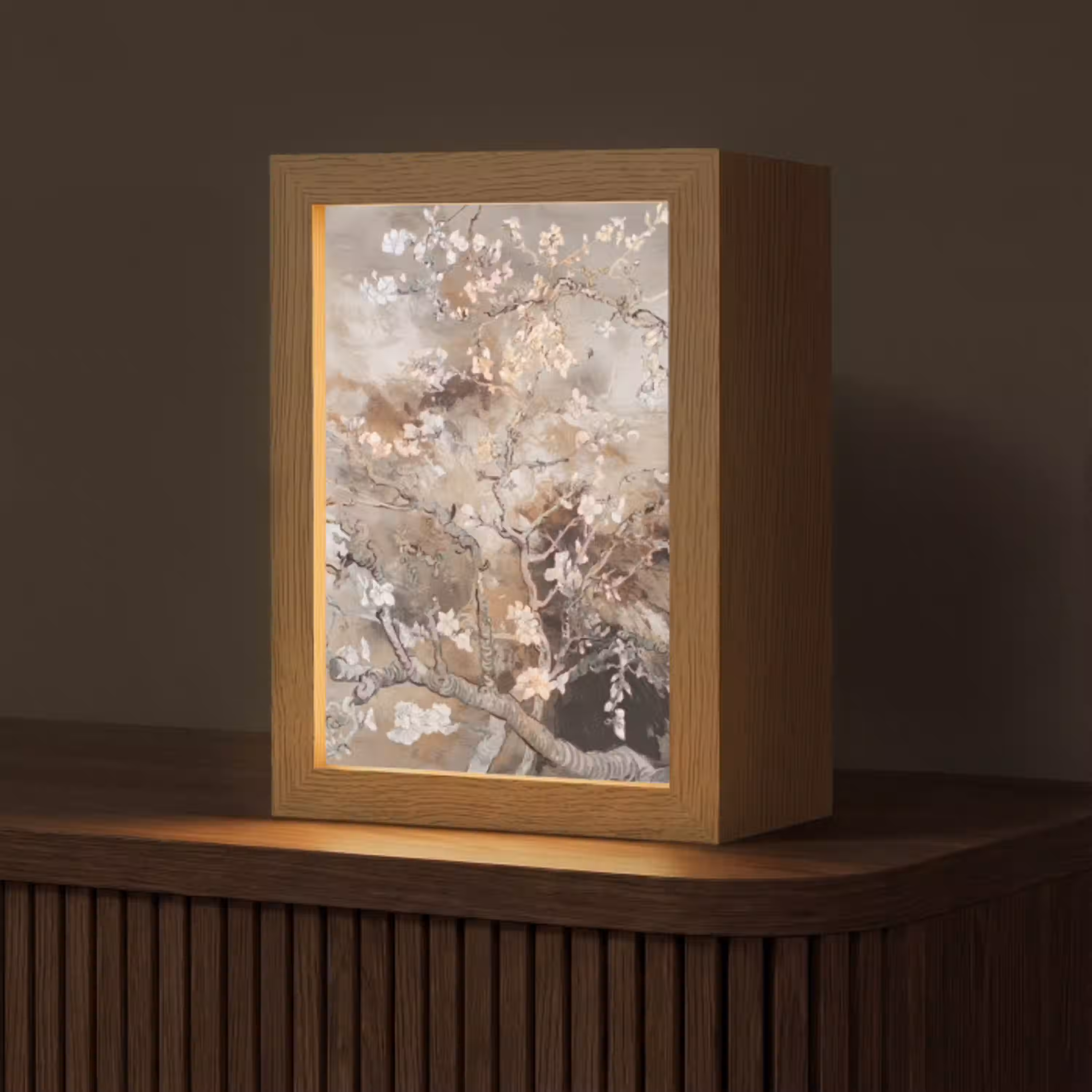 Amandelbloesem - Kunst - Van Gogh - Beige - Abstract Light Box met kabel (Tafellamp) klein -z3d_website