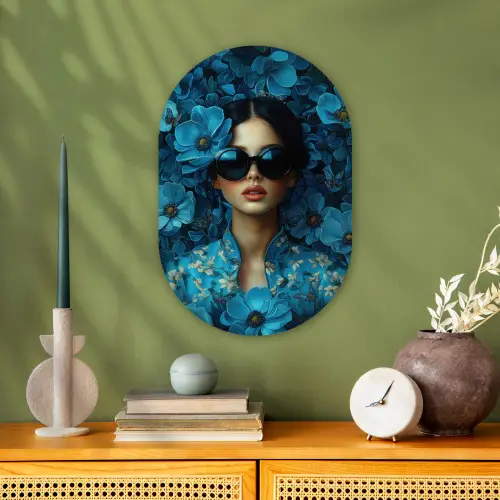 Vrouw - Bloemen - Blauw - Aesthetic - Luxe Wandcirkel Ovaal Forex klein -sfeer2