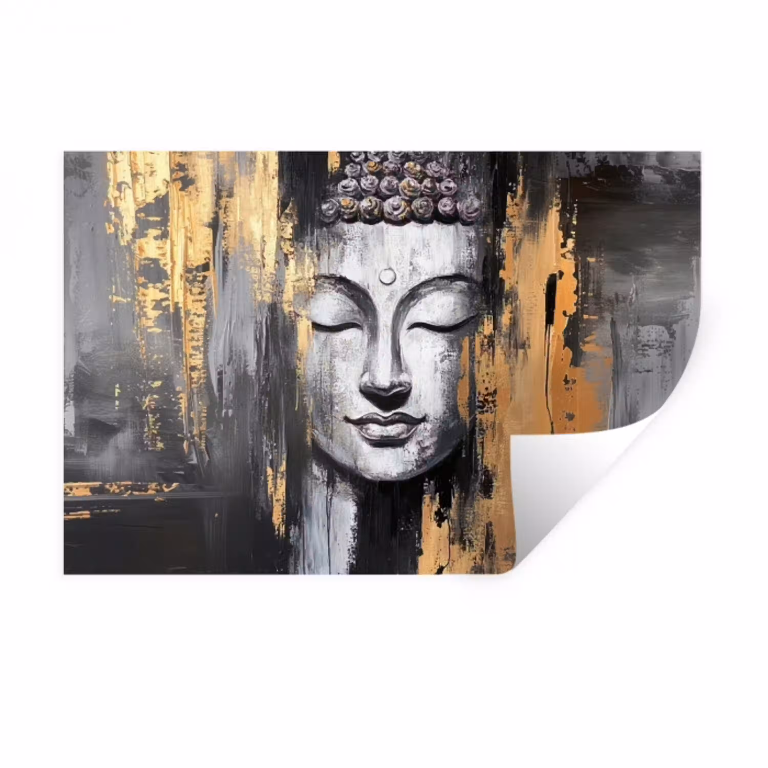 Boedhha - Penseelstreken - Goud - Abstract Muursticker klein -3d