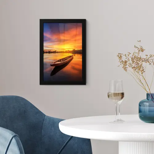 Boot - Water - Zonsondergang - Oranje - Water fotolijst zwart zonder passe partout klein -sfeer4