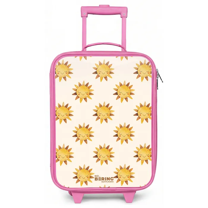 Lachende zonnetjes als patroon op beige achtergrond Kinderkoffer - Roze klein -zz3dotto