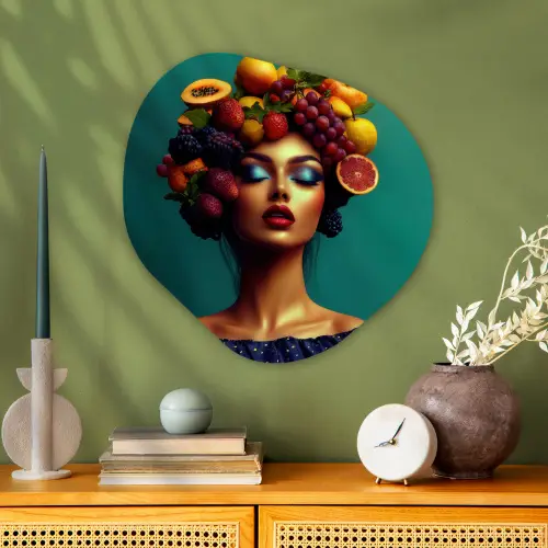 Vrouw - Hoodtooi - Tropisch - Fruit - Druiven Wandcirkel Organisch Aluminium middel -sfeer2