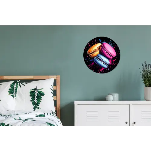 Macarons - Dessert - Graffiti - Kleurrijk - Roze - Blauw - Geel Wandcirkel aluminium klein -slaapkamer