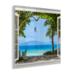 Doorkijk - Boom - Zee - Palmboom - Heuvels - Strand - Blauw plexiglas 5mm klein -z3d