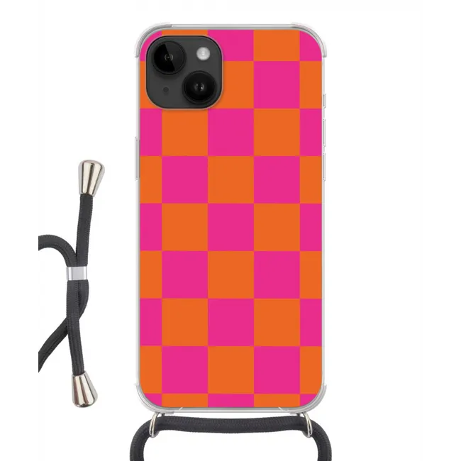 Handyhülle mit Band - Schachbrettmuster - Orange - Rosa - Blöcke