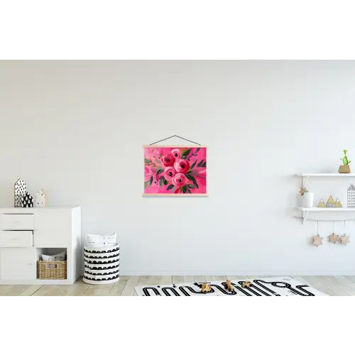Bloemen - Verf - Roze textielposter latten blank klein -kinderkamer