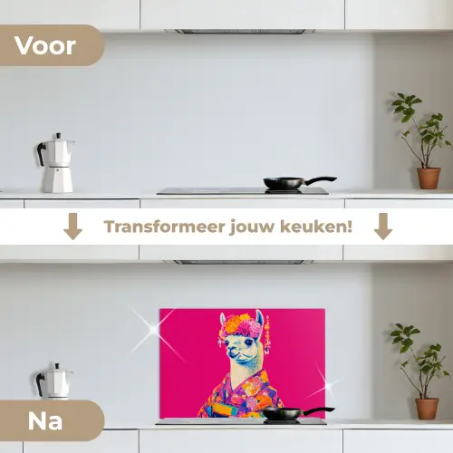 Lama - Kimono - Bloemenkrans - Felroze keuken achterwand spatscherm klein -voor_na_NL