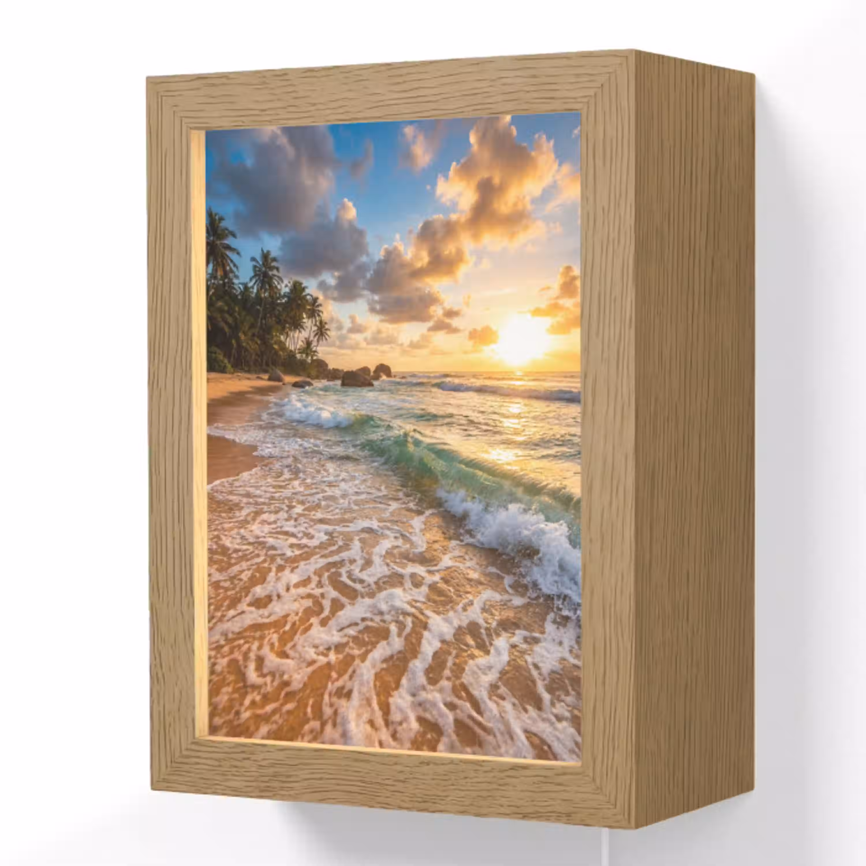 Strand - Zonsondergang - Golven - Natuur - Goud Light Box met kabel (Wandlamp) klein -3d