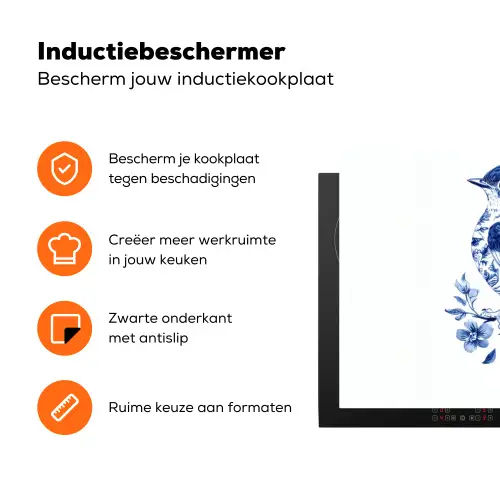Vogel - Delfts blauw - Illustratie - Bloemen Inductie beschermer vinyl 3mm klein -zzzzzzz-td-ups