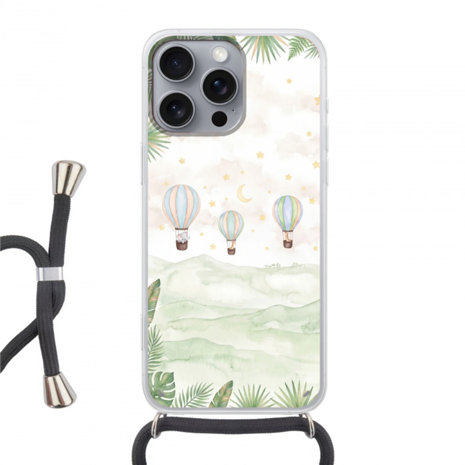 Aquarel - Luchtballonnen - Pastel Hoesje iPhone 16 Pro Max met koord klein -3d