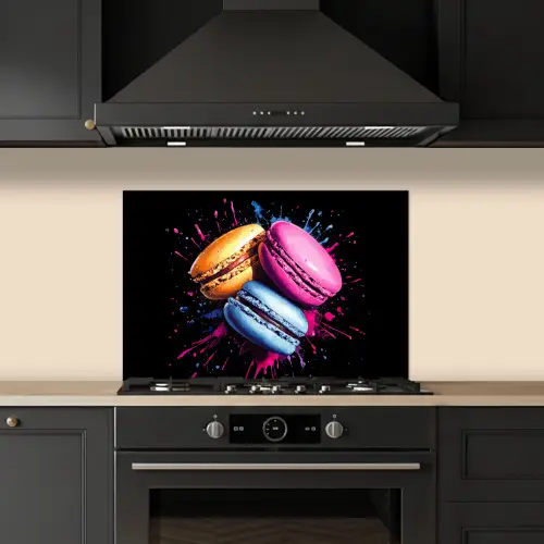 Macarons - Dessert - Graffiti - Kleurrijk - Roze - Blauw - Geel keuken achterwand spatscherm klein -sfeer1