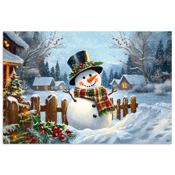 Sneeuwpop - Winterdorp - Kleurrijk poster papier klein -3d