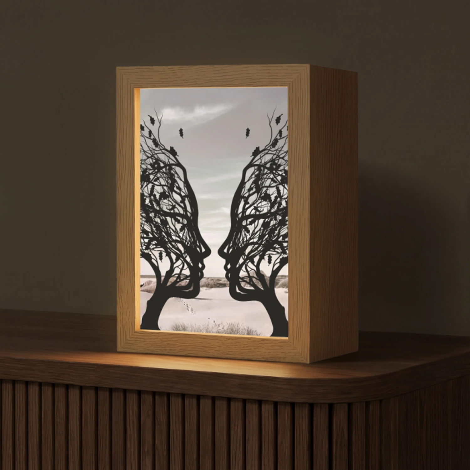 Bomen - Gezicht - Bladeren - Moderne kunst Light Box met kabel (Tafellamp) klein -z3d_website