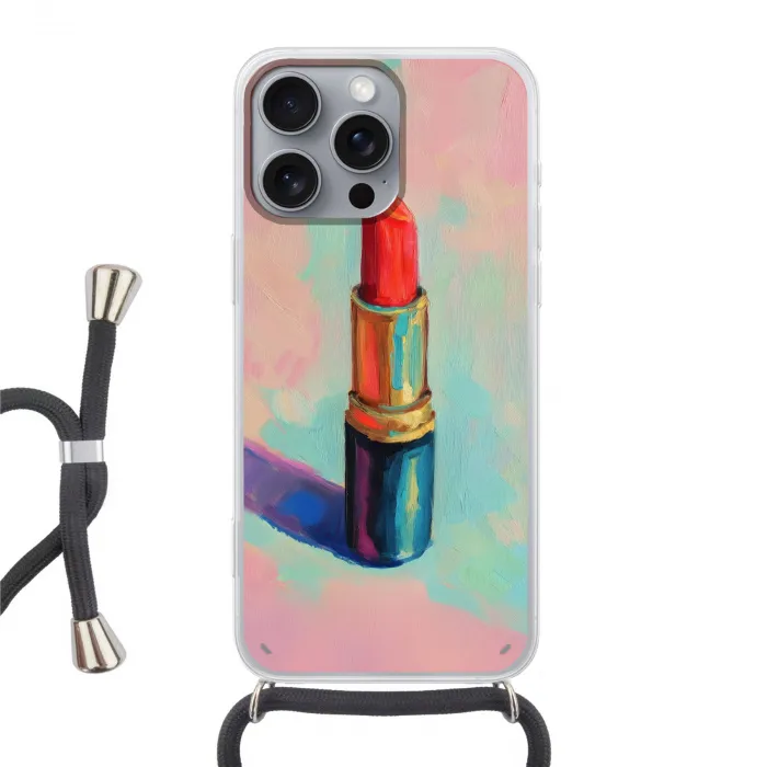 Lippenstift - Rood - Penseelstreken Hoesje iPhone 16 Pro Max met koord klein -3d