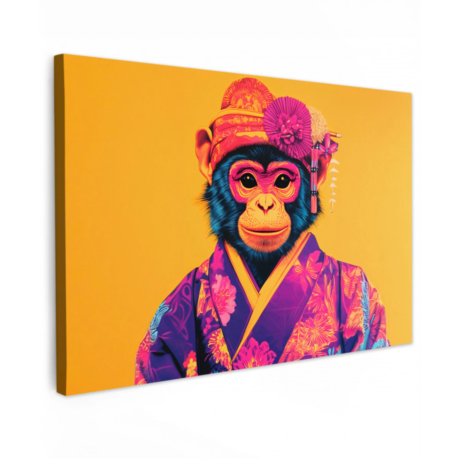 Aap - Kimono - Bloemen - Hoofdtooi Tuinposter op houten frame 2 cm dik klein -3d