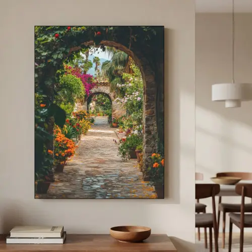Doorkijk - Bloemen - Poort - Stenen Textielframe zwart klein -sfeer2