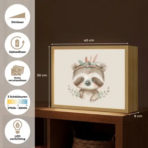 Luiaard - Dieren - Bohemian - Boho Light Box met batterij (Wandlamp kind) middel -USP_websiteoverzichtNL