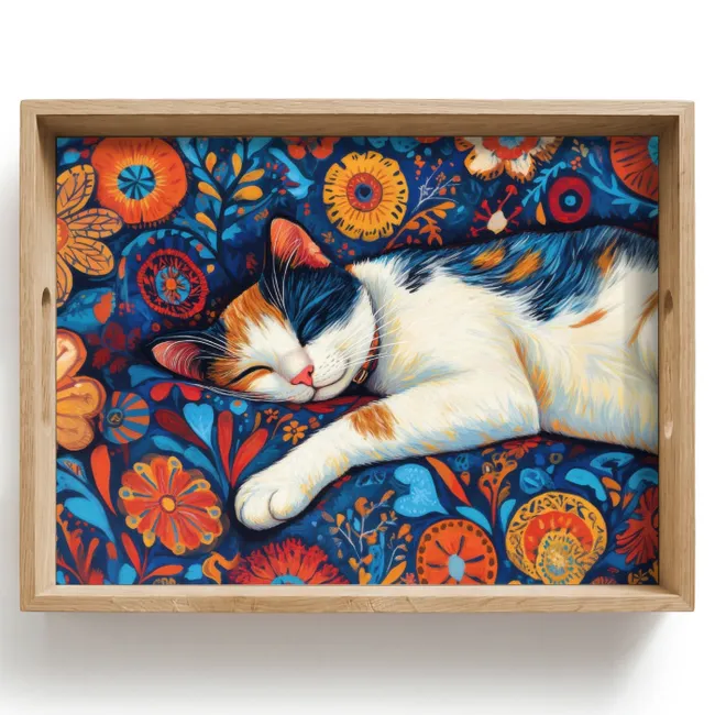 Tray - Cat - Floral pattern - Blue - Orange